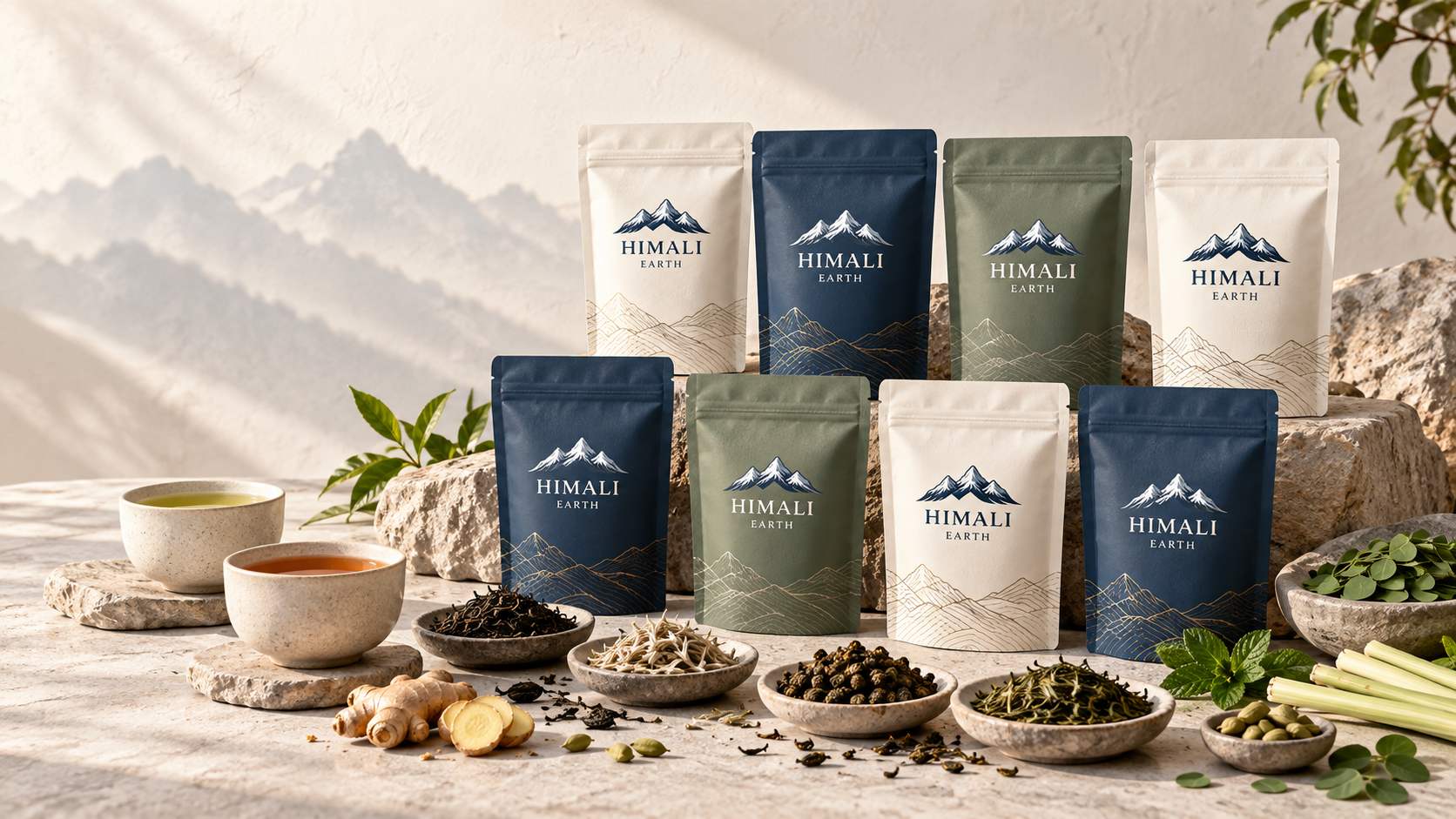 HIMALI EARTH premium single-origin tea and crafted infusion packaging collection
